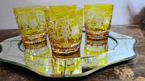 Beautiful amber etched whiskey tumblers set of 6, marked