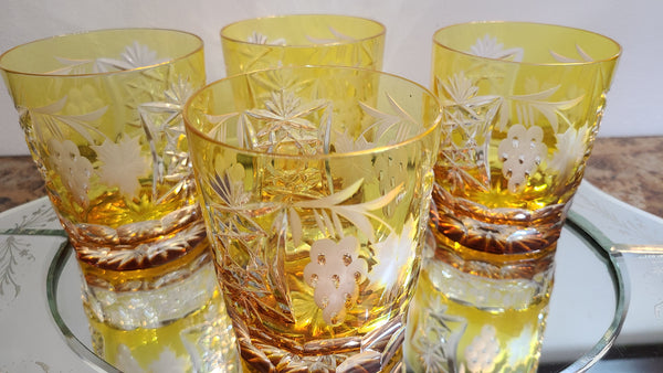 Beautiful amber etched whiskey tumblers set of 6, marked