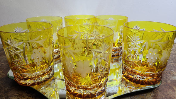 Beautiful amber etched whiskey tumblers set of 6, marked