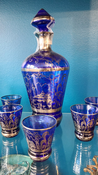 Cobalt blue glass liquor decanter with glasses with silver inlay