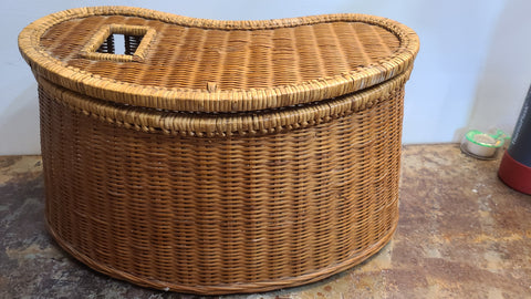 Cool old wicker fishing creel basket, rod, reel, flies and more