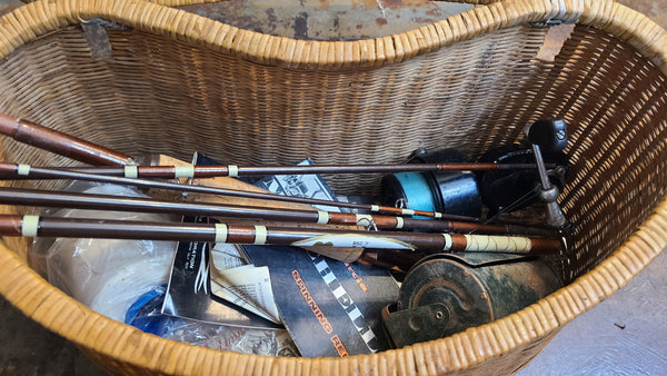 Cool old wicker fishing creel basket, rod, reel, flies and more