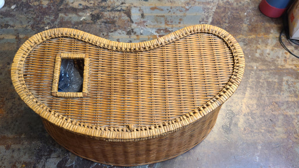 Cool old wicker fishing creel basket, rod, reel, flies and more